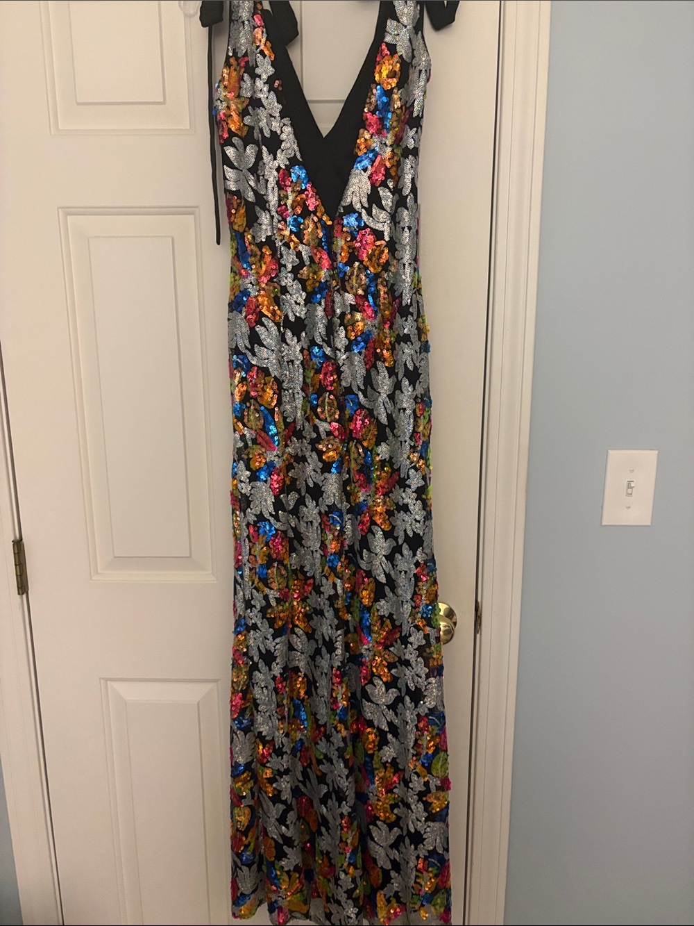 Mac Duggal Black Sequin Floral Gown with Multi-Color Accents - Picture 4 of 6